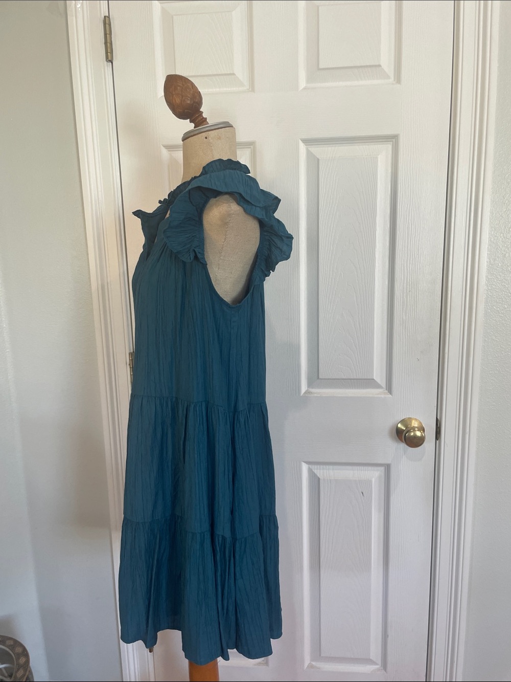 Moodie Teal Button-Front Tiered dress ruffles flutter sleeves women’s size M - Picture 9 of 14
